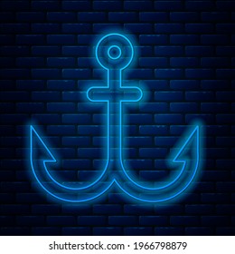 Glowing neon line Anchor icon isolated on brick wall background.  Vector Illustration