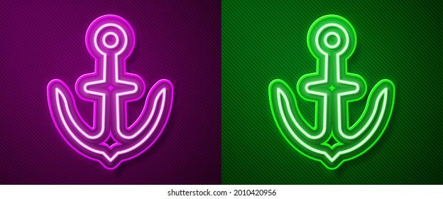 Glowing neon line Anchor icon isolated on purple and green background.  Vector
