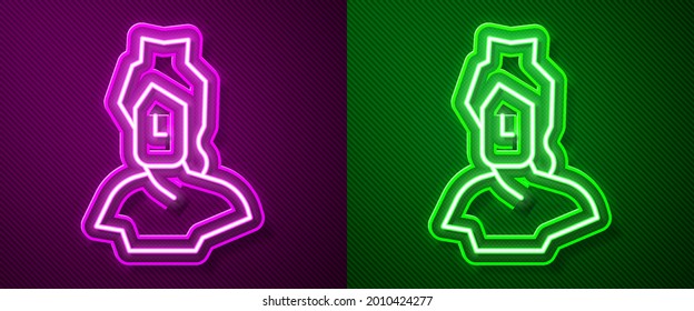 Glowing neon line Ancient bust sculpture icon isolated on purple and green background.  Vector