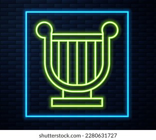 Glowing neon line Ancient Greek lyre icon isolated on brick wall background. Classical music instrument, orhestra string acoustic element.  Vector