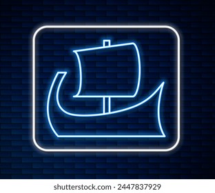 Glowing neon line Ancient Greek trireme icon isolated on brick wall background.  Vector