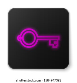 Glowing neon line Ancient key for game icon isolated on white background. Black square button. Vector Illustration