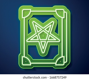 Glowing neon line Ancient magic book with alchemy recipes and mystic spells and enchantments icon isolated on blue background.  Vector Illustration
