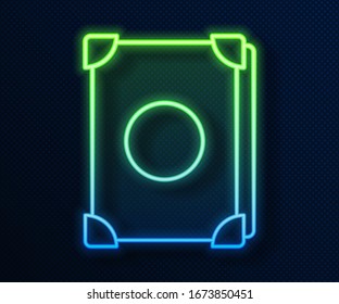 Glowing neon line Ancient magic book with alchemy recipes and mystic spells and enchantments icon isolated on blue background.  Vector Illustration