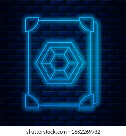 Glowing neon line Ancient magic book with alchemy recipes and mystic spells and enchantments icon isolated on brick wall background.  Vector Illustration