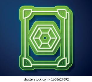 Glowing neon line Ancient magic book with alchemy recipes and mystic spells and enchantments icon isolated on blue background.  Vector Illustration