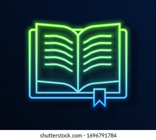 Glowing neon line Ancient magic book with alchemy recipes and mystic spells and enchantments icon isolated on blue background.  Vector Illustration