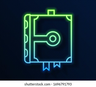 Línea de neón Antiguo libro de magia con recetas de alquimia y hechizos místicos e ícono de encantamientos aislados en fondo azul. Ilustración vectorial