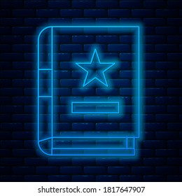 Glowing neon line Ancient magic book with alchemy recipes and mystic spells and enchantments icon isolated on brick wall background.  Vector Illustration