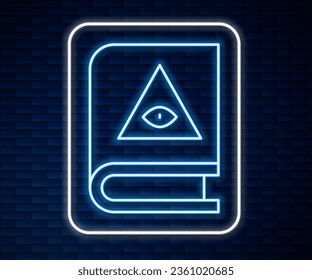 Glowing neon line Ancient magic book with alchemy recipes and mystic spells and enchantments icon isolated on brick wall background.  Vector