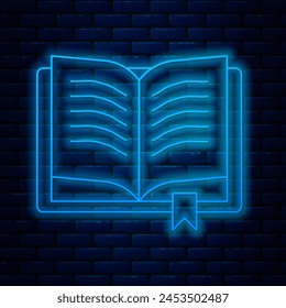 Glowing neon line Ancient magic book with alchemy recipes and mystic spells and enchantments icon isolated on brick wall background.  Vector Illustration