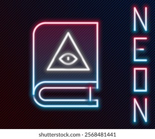 Glowing neon line Ancient magic book with alchemy recipes and mystic spells and enchantments icon isolated on black background. Colorful outline concept. Vector