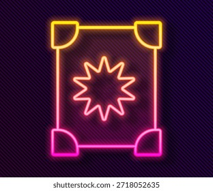 Icono de la línea de neón brillante Antiguo libro de magia con recetas de alquimia y hechizos místicos y encantamientos aislados sobre fondo negro.  Vector