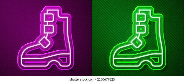 Glowing neon line Ancient viking boots icon isolated on purple and green background. Traditional clothes and accessories of past times.  Vector