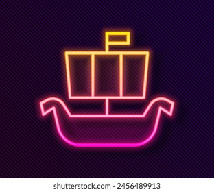 Glowing neon line Ancient viking scandinavian drakkar icon isolated on black background. Viking transport ship.  Vector