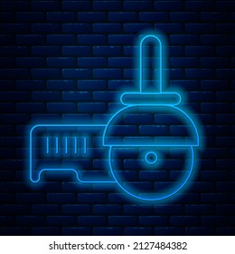 Glowing neon line Angle grinder icon isolated on brick wall background.  Vector Illustration