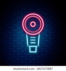 Glowing neon line Angle grinder icon isolated on brick wall background. Colorful outline concept. Vector