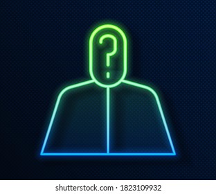 Línea de neón brillante Hombre anónimo con icono de signo de interrogación aislado en fondo azul. Usuario desconocido, perfil de incógnito, secreto comercial, oscuridad.  Ilustración vectorial