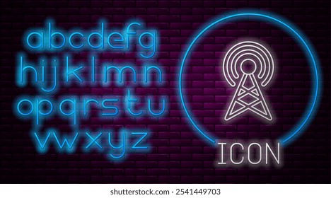 Linha de néon brilhante ícone da antena isolado no fundo da parede de tijolo. Sem fio antena de rádio. Tecnologia e antena de rádio de sinal de rede. Alfabeto leve neon. Vetor