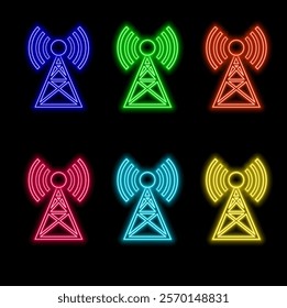 Glowing neon line Antenna icon isolated on black background. Radio antenna wireless. Technology and network signal radio antenna. Colorful outline concept.