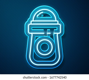 Glowing neon line Antiperspirant deodorant roll icon isolated on blue background. Cosmetic for body hygiene.  Vector Illustration