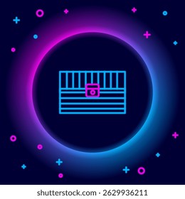 Glowing neon line Antique treasure chest icon isolated on black background. Vintage wooden chest with golden coin. Colorful outline concept. Vector