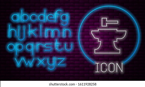 Glowing neon line Anvil for blacksmithing and hammer icon isolated on brick wall background. Metal forging. Forge tool. Neon light alphabet. Vector Illustration