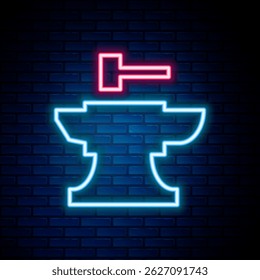 Glowing neon line Anvil for blacksmithing and hammer icon isolated on brick wall background. Metal forging. Forge tool. Colorful outline concept. Vector
