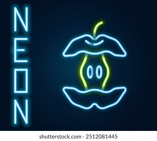 Icono brillante del núcleo de Apple de la línea de neón aislado en fondo negro. Símbolo de manzana mordida. Silueta de trozo de manzana. Cartel de basura biodegradable. Concepto de contorno colorido. Vector