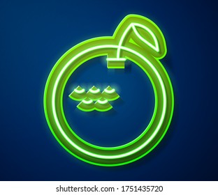 Glowing neon line Apple icon isolated on blue background. Fruit with leaf symbol.  Vector