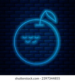 Glowing neon line Apple icon isolated on brick wall background. Fruit with leaf symbol.  Vector