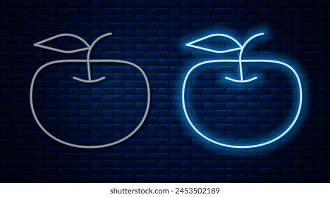 Glowing neon line Apple icon isolated on brick wall background. Excess weight. Healthy diet menu. Fitness diet apple.  Vector