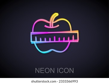 Glowing neon line Apple and measuring tape icon isolated on black background. Excess weight. Healthy diet menu. Fitness diet apple.  Vector