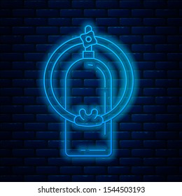 Glowing neon line Aqualung icon isolated on brick wall background. Oxygen tank for diver. Diving equipment. Extreme sport. Sport equipment.  Vector Illustration