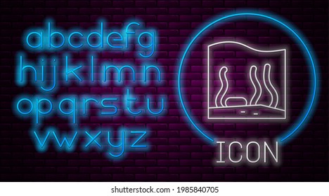 Glowing neon line Aquarium icon isolated on brick wall background. Aquarium for home and pets. Neon light alphabet. Vector