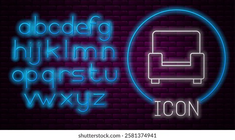 Glowing neon line Armchair icon isolated on brick wall background. Neon light alphabet. Vector