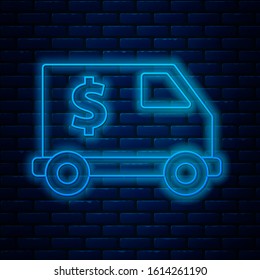 Glowing neon line Armored truck icon isolated on brick wall background.  Vector Illustration