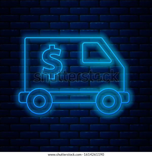 Glowing neon line Armored truck icon\
isolated on brick wall background.  Vector\
Illustration