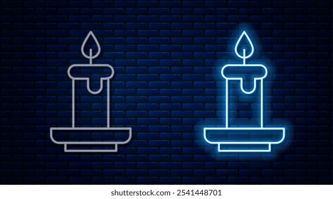 Leuchtende Neonlinie Aroma-Kerze Symbol einzeln auf Ziegelwand Hintergrund.  Vektorgrafik