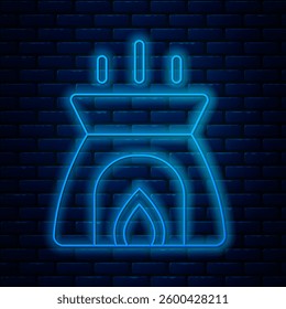 Glowing neon line Aroma candle icon isolated on brick wall background.  Vector