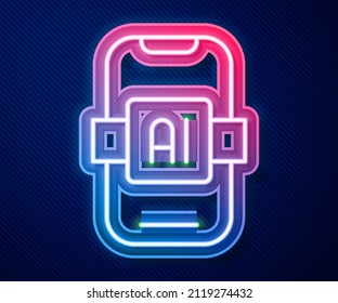 Glowing neon line Artificial intelligence AI icon isolated on blue background. Machine learning, cloud computing, automated support assistance and networks.  Vector