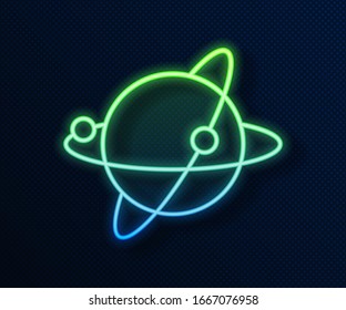 Glowing neon line Artificial satellites orbiting the planet Earth in outer space icon isolated on blue background. Communication, navigation concept.  Vector Illustration