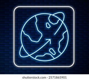 Glowing neon line Artificial satellites orbiting the planet Earth in outer space icon isolated on brick wall background. Communication, navigation concept.  Vector