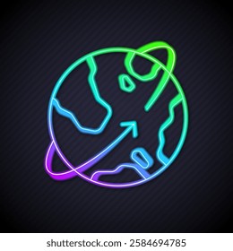 Glowing neon line Artificial satellites orbiting the planet Earth in outer space icon isolated on black background. Communication, navigation concept.  Vector