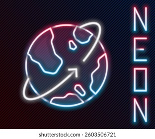 Glowing neon line Artificial satellites orbiting the planet Earth in outer space icon isolated on black background. Communication, navigation concept. Colorful outline concept. Vector