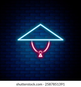 Glowing neon line Asian conical hat icon isolated on brick wall background. Chinese conical straw hat. Colorful outline concept. Vector