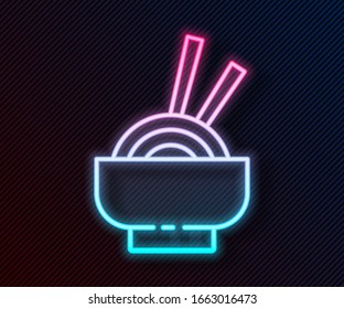 Glowing neon line Asian noodles in bowl and chopsticks icon isolated on black background. Street fast food. Korean, Japanese, Chinese food.  Vector Illustration