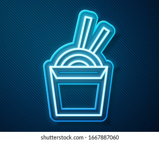 Glowing neon line Asian noodles in paper box and chopsticks icon isolated on blue background. Street fast food. Korean, Japanese, Chinese food.  Vector Illustration