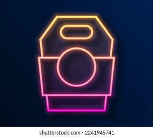 Glowing neon line Asian noodles in paper box icon isolated on black background. Street fast food. Korean, Japanese, Chinese food.  Vector