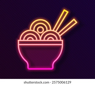 Glowing neon line Asian noodles in bowl and chopsticks icon isolated on black background. Street fast food. Korean, Japanese, Chinese food.  Vector